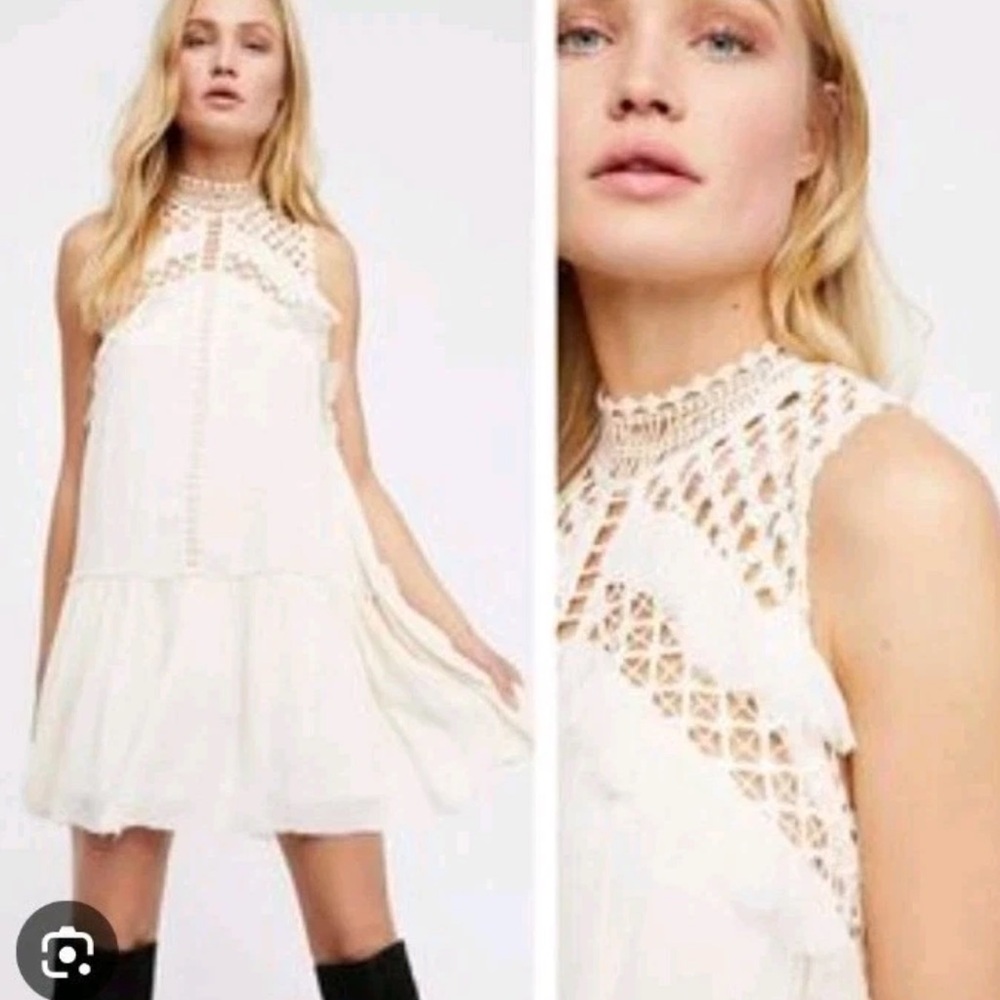 Free People One Ma Jolie Crochet High Neck Boho Ruffle Cream Mini Dress Medium